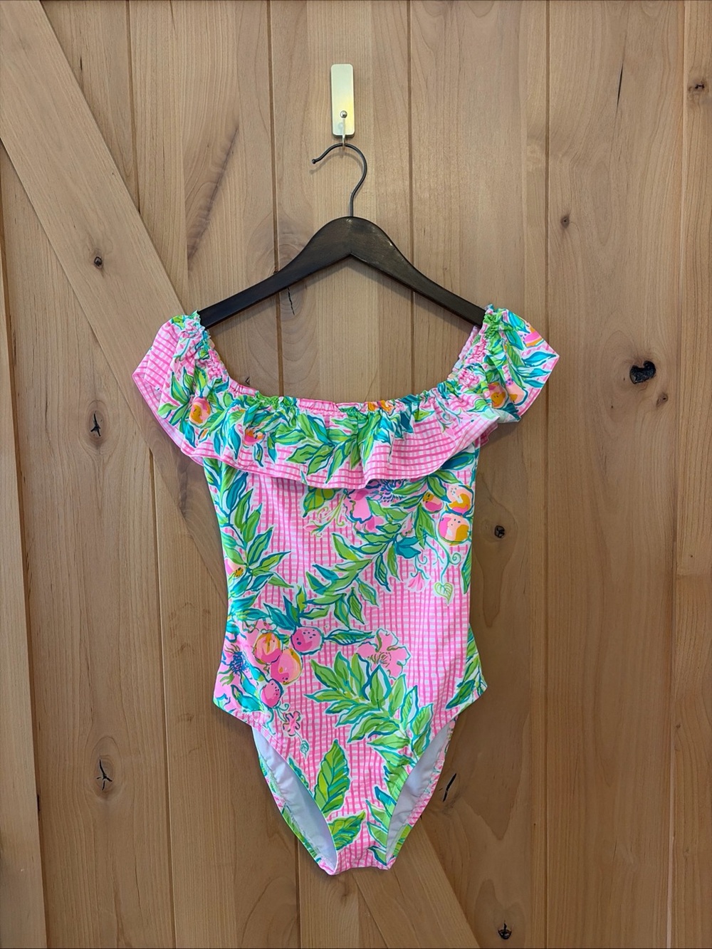 Lilly Pulitzer Fiesta “Don’t Stop Beleafing” Pink Green Ruffle Swimsuit 8